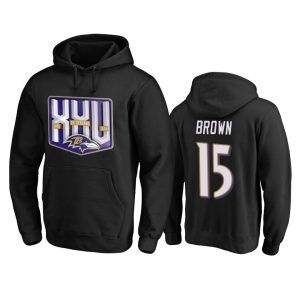 Baltimore Ravens #15 Marquise Brown Men's Elegant Black Team 25th Season Pullover Hoodie