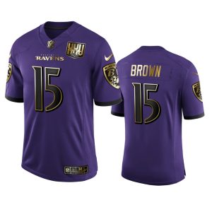 Baltimore Ravens #15 Marquise Brown Men's Purple Team 25th Season Terrific Golden Limited NFL Jersey