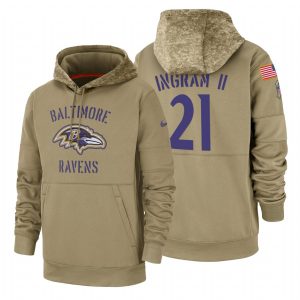 Baltimore Ravens #21 Mark Phenomenal Ingram II Tan 2019 Salute To Service Name & Number Sideline Therma Pullover Hoodie