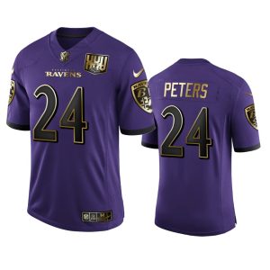 Baltimore Ravens #24 Marcus Peters Men's Purple Team 25th Season Golden Limited NFL Jersey Admirable