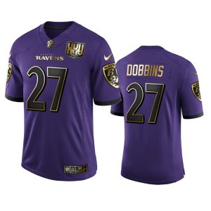 Baltimore Ravens #27 J.K. Premium Dobbins Men's Purple Team 25th Season Golden Limited NFL Jersey