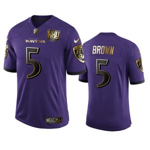 Baltimore Ravens #5 Marquise Brown Men's Purple Team 25th Captivating Season Golden Limited NFL Jersey