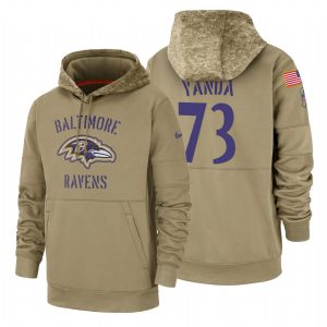 Baltimore Ravens #73 Elegant Marshal Yanda Tan 2019 Salute To Service Name & Number Sideline Therma Pullover Hoodie