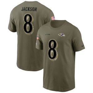 Baltimore Ravens #8 Lamar Jackson 2022 Salute To Service Name & Number T Shirt Magnificent Olive