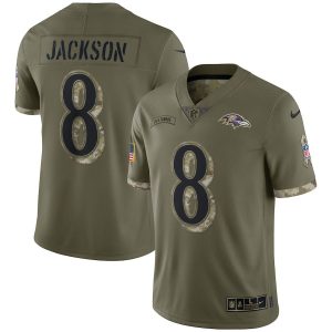 Baltimore Ravens #8 Lamar Jackson Delightful Men's 2022 Salute To Service Limited Jersey Olive