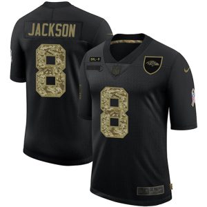 Baltimore Ravens #8 Lamar Jackson Men's 2020 Salute Superb To Service Camo Limited NFL Jersey Black