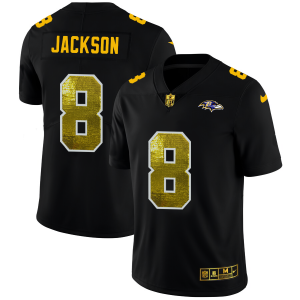 Baltimore Ravens #8 Lamar Jackson Men's Black Golden Sequin Exquisite Vapor Limited NFL Jersey