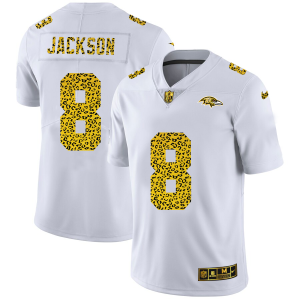 Baltimore Ravens #8 Lamar Jackson Men's Flocked Leopard Print Vapor Limited NFL Delightful Jersey White