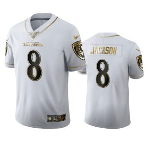 Baltimore Ravens #8 Lamar Jackson Men's White Golden Edition Vapor Limited NFL 100 Jersey Marvelous