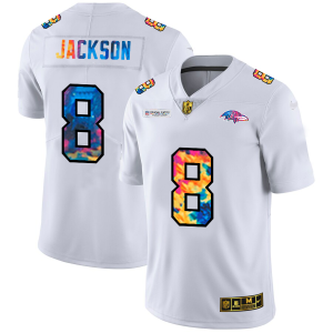 Baltimore Ravens #8 Lamar Jackson Men's White Multi Color Stylish 2020 NFL Crucial Catch Limited NFL Jersey