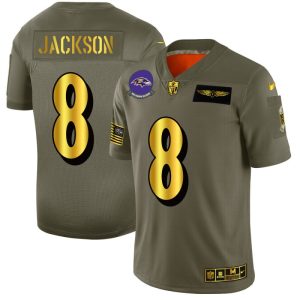 Baltimore Ravens #8 Lamar Jackson NFL Top - notch Men's Olive Gold 2019 Salute to Service Limited Jersey