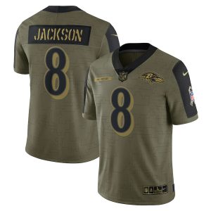 Baltimore Ravens #8 Lamar Jackson Olive 2021 Stylish Salute To Service Limited Player Jersey