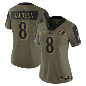 Baltimore Ravens #8 Lamar Jackson Olive Top - notch Women's 2021 Salute To Service Limited Player Jersey