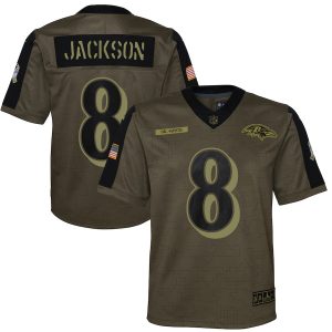 Baltimore Ravens #8 Lamar Jackson Olive Youth 2021 Salute To High - quality Service Game Jersey