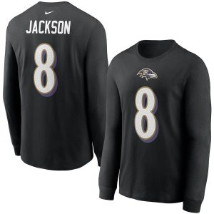 Baltimore Ravens #8 Lamar Jackson Player Name & Number Long Exquisite Sleeve T Shirt Black