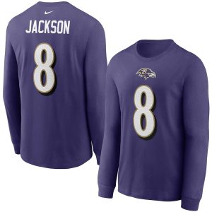 Baltimore Ravens #8 Lamar Jackson Player Name & Number Striking Long Sleeve T Shirt Purple