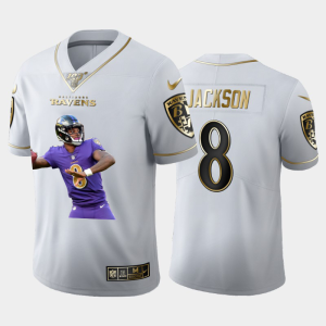 Baltimore Ravens #8 Lamar Jackson Team Hero 2 Vapor Limited NFL Notable 100 Jersey White Golden