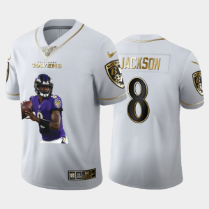 Baltimore Ravens #8 Lamar Jackson Team Hero 5 Vapor Limited NFL 100 Jersey Marvelous White Golden