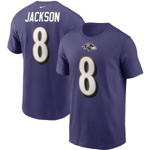 Baltimore Ravens #8 Lamar Jackson Team Player Name & Dashing Number T Shirt Purple
