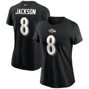 Baltimore Ravens #8 Lamar Jackson Women's Team Player Name Elegant & Number T Shirt Black