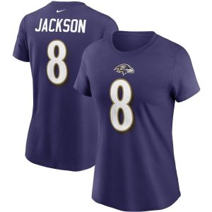 Baltimore Ravens #8 Lamar Jackson Women's Team Player Name & Number T Shirt Purple Unique