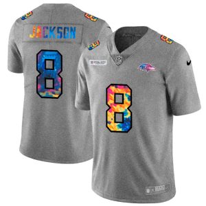 Baltimore Ravens #8 Unique Lamar Jackson Men's Multi Color 2020 NFL Crucial Catch NFL Jersey Greyheather
