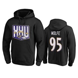 Baltimore Ravens Superb #95 Derek Wolfe Men's Black Team 25th Season Pullover Hoodie