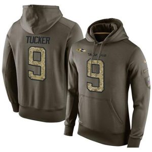 NFL Men's Baltimore Ravens #9 Justin Tucker Remarkable Stitched Green Olive Salute To Service KO Performance Hoodie