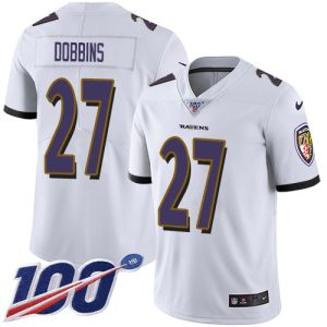 Ravens #27 Exquisite J.K. Dobbins White Youth Stitched NFL 100th Season Vapor Untouchable Limited Jersey