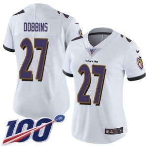 Ravens #27 High - quality J.K. Dobbins White Women's Stitched NFL 100th Season Vapor Untouchable Limited Jersey