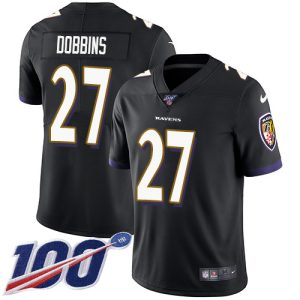 Ravens #27 J.K. Dobbins Black Alternate Youth Stitched NFL Delightful 100th Season Vapor Untouchable Limited Jersey