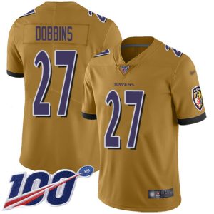 Ravens #27 J.K. Dobbins Gold Men's Stitched NFL Limited Inverted Legend 100th Season Superb Jersey