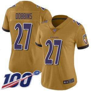 Ravens #27 J.K. Dobbins Gold Women's Stitched NFL Limited Inverted Dashing Legend 100th Season Jersey