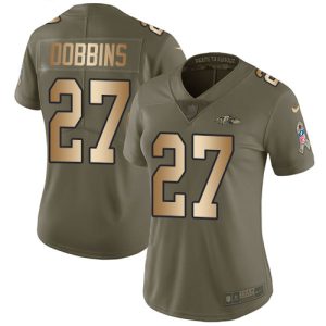 Ravens #27 J.K. Dobbins Olive/Gold Women's Stitched Sophisticated NFL Limited 2017 Salute To Service Jersey
