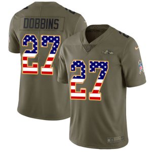 Ravens #27 J.K. Dobbins Olive/USA Flag Youth Stitched NFL Limited 2017 Enchanting Salute To Service Jersey
