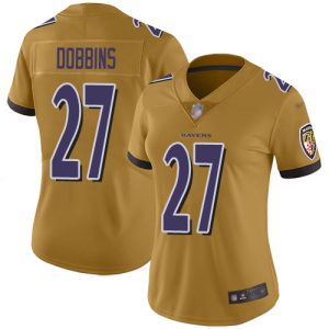 Ravens #27 J.K. Dobbins Outstanding Gold Women's Stitched NFL Limited Inverted Legend Jersey