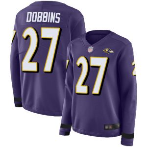 Ravens #27 J.K. Dobbins Purple Team Color Women's Amazing Stitched NFL Limited Therma Long Sleeve Jersey