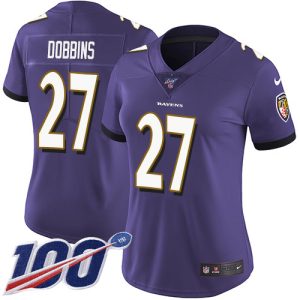 Ravens #27 J.K. Dobbins Purple Team Color Women's Stitched NFL 100th Season Vapor Untouchable Limited Jersey Glamorous