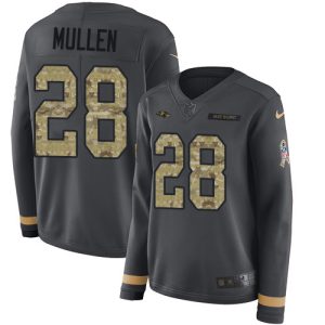 Ravens #28 Trayvon Mullen Anthracite Premium Salute to Service Women's Stitched NFL Limited Therma Long Sleeve Jersey