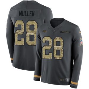 Ravens #28 Trayvon Mullen Anthracite Salute to Service Men's Stitched Distinguished NFL Limited Therma Long Sleeve Jersey
