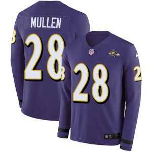 Ravens #28 Trayvon Mullen Purple Team Superior Color Youth Stitched NFL Limited Therma Long Sleeve Jersey