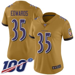 Ravens #35 Gus Edwards Gold Women's Stitched NFL Limited Inverted Legend Marvelous 100th Season Jersey