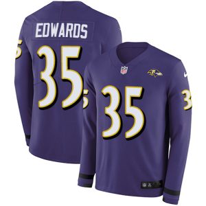 Ravens #35 Gus Edwards Purple Team Color Youth Stitched NFL Superior Limited Therma Long Sleeve Jersey
