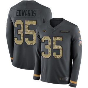 Ravens #35 Outstanding Gus Edwards Anthracite Salute to Service Youth Stitched NFL Limited Therma Long Sleeve Jersey