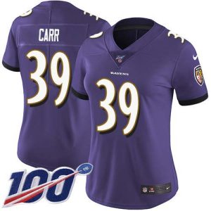 Ravens #39 Brandon Carr Purple Team Color Exceptional Women's Stitched NFL 100th Season Vapor Untouchable Limited Jersey