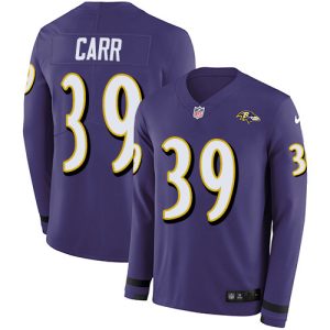 Ravens #39 Brandon Carr Purple Team Color Youth Stitched NFL Limited Therma Long Stunning Sleeve Jersey