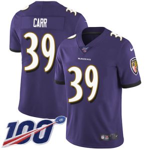 Ravens #39 Brandon Carr Purple Team Color Youth Stitched NFL Premium 100th Season Vapor Untouchable Limited Jersey
