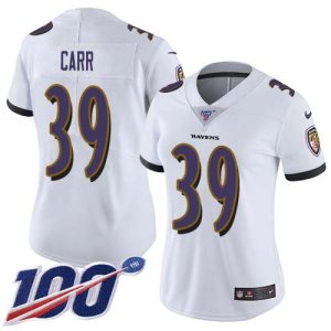 Ravens #39 Brandon Carr White Women's Stitched NFL 100th Season Vapor Untouchable Limited Fabulous Jersey