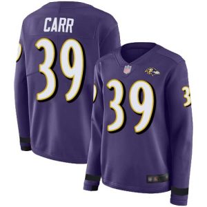 Ravens #39 Brandon Magnificent Carr Purple Team Color Women's Stitched NFL Limited Therma Long Sleeve Jersey