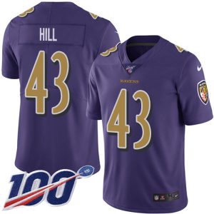 Ravens #43 Justice Hill Purple Men's Stitched NFL Limited Rush Notable 100th Season Jersey